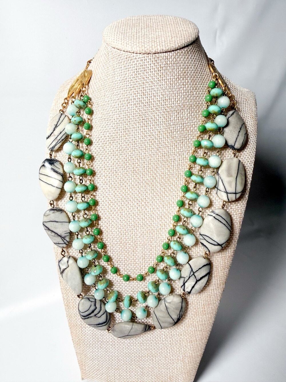 Rare - David Aubrey Triple-Strand Natural Stone Statement Necklace